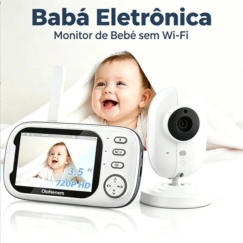 Baba Eletrônica Sem Wifi Monitor de Bebê 3.5" IPS HD 720P Modo VOX Áudio Bidirecional Visão Noturna Suporte Incluso