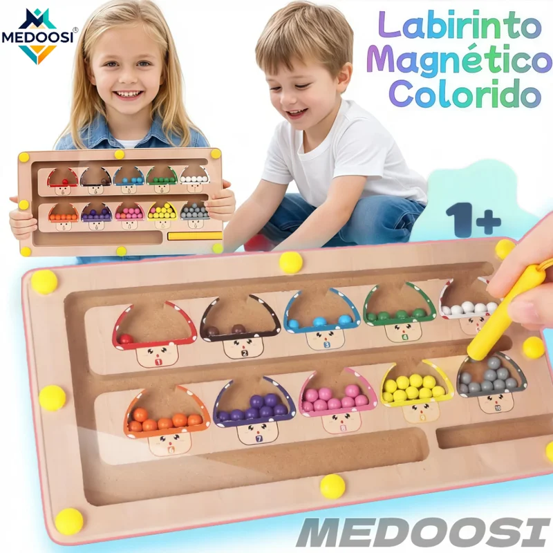 Jogos Labirinto Magnético Montessori de Madeira - Classificação de Cores para Criança / Infantil Brinquedo Educativo