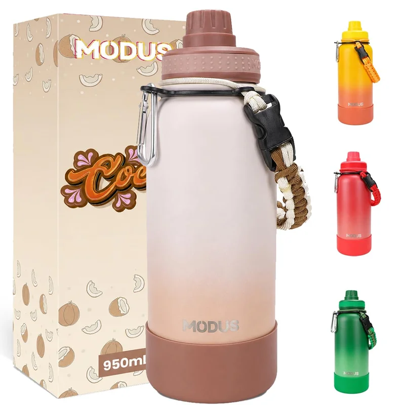 MODUS Garrafa Térmica 950ml Esportiva de Aço Inoxidável | com Isolamento a Vácuo e Base Emborrachada (Gradiente Branco-Marrom)