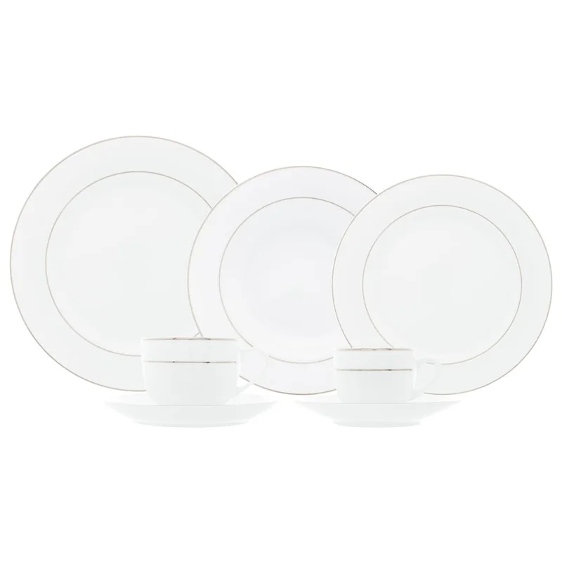 WOLFF - Aparelho de Jantar 42 Peças de Porcelana com Borda Prateada Mônaco Branco