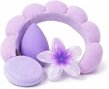 Kit Maquiagem Profissional 4 Peças com Esponjas, Tiara Felpuda e Prendedor de Cabelo – Aplicação Uniforme, Rotina Sem Bagunça, Ideal para Skincare e Make (Rosa ou Lilás)