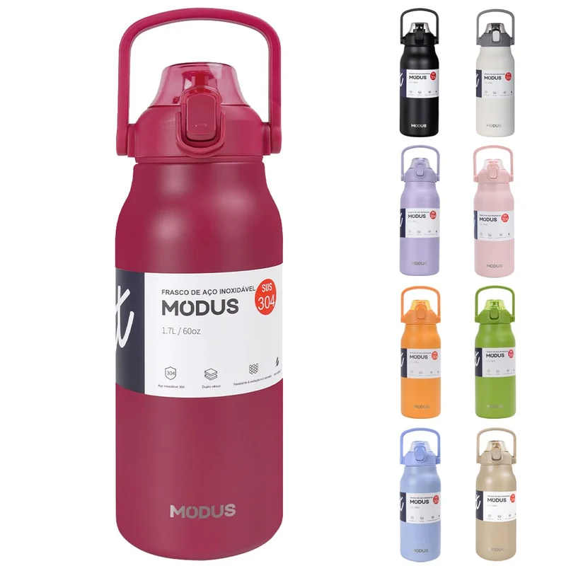 Garrafa Térmica De Viagem Inox 1700ml Água Com Canudo (Clarete)