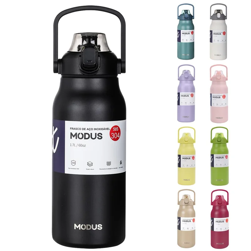 Garrafa Térmica De Viagem Inox 1700ml Água Com Canudo, a Melhor Escolha para Presentes (Preto)