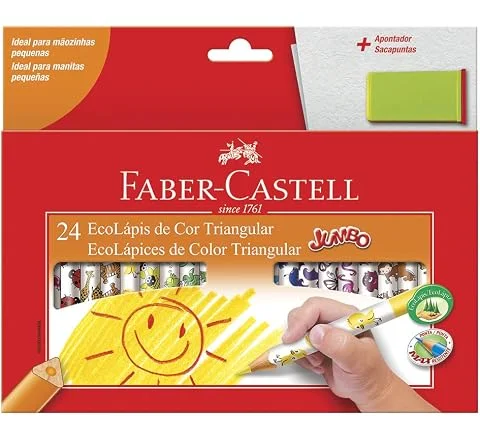 Lápis de Cor, Faber-Castell, Ecolápis Triangular Jumbo + Apontador com Depósito, 12.3024AP, 24 Cores