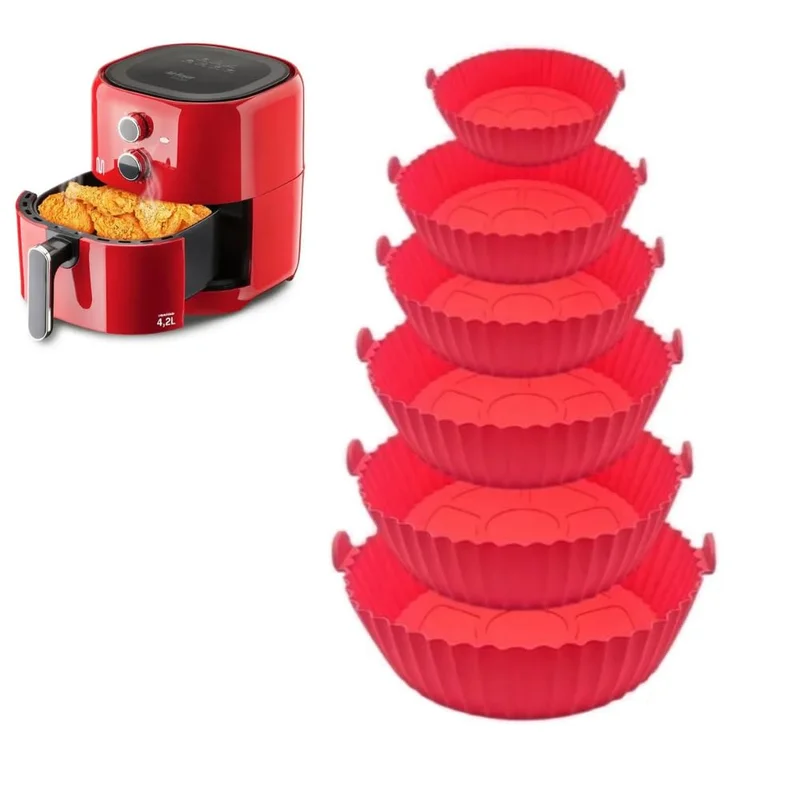 Kit Genérico 6 Formas de Silicone Reutilizáveis para Air Fryer Antiaderentes, Com Alças, Compatíveis com Forno e Micro-ondas, Cestas Redondas Universais para Todos os Modelos (Vermelho)