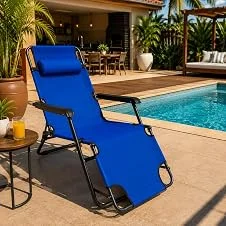 Cadeira De Praia Espreguiçadeira Reclinável Piscina Jardim Dobrável Metal Inox Com Travesseiro - Azul