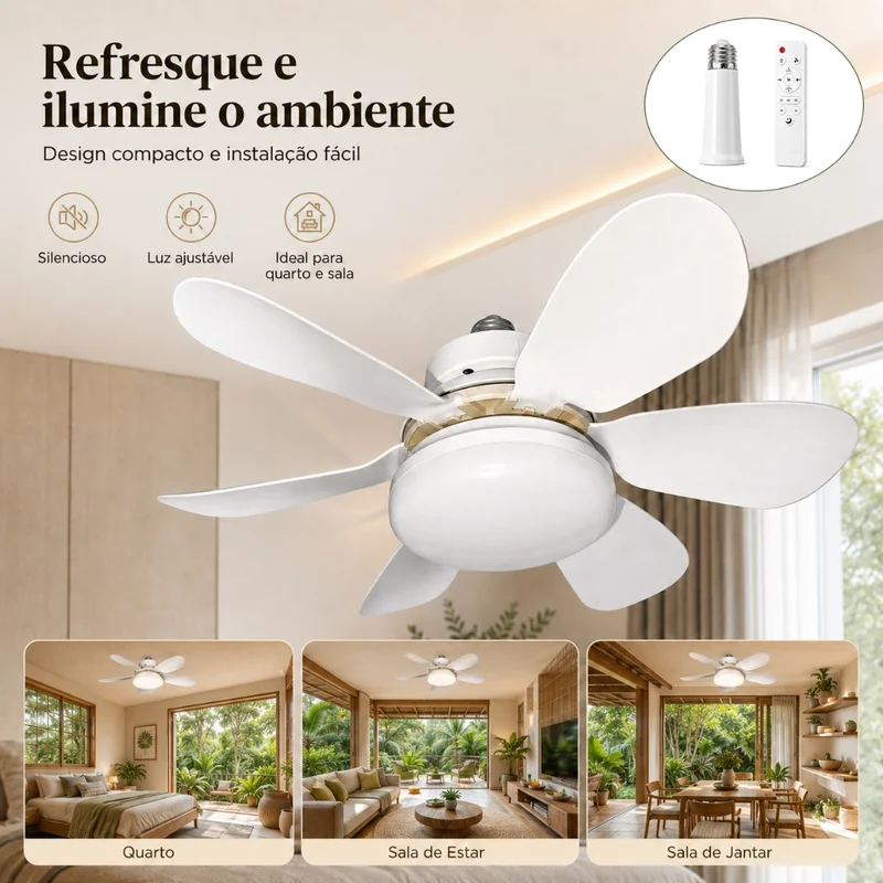 Ventilador De Teto Luz LED 60W/80W Com 6 Hélices 3 Tipos De Luz Bivolt Com Controle Remoto