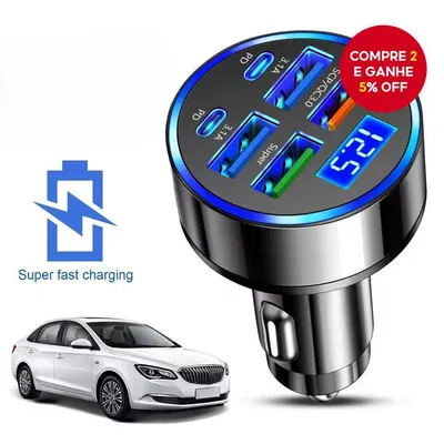 Adaptador de Carro de Carregamento Rápido 6 em 1 3.1A Display Digital Duplo Tipo C para Smartphones, Tablets e Power