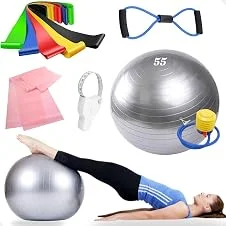 Kit Pilates e Yoga com Bola 55cm Antiestouro, Bomba de Ar, 7 Faixas Elásticas e Fita Métrica, Suporta 200kg