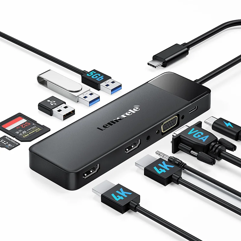 Lemorele Dock Station USB-C 10 em 1 com Suporte para 3 Monitores (2x HDMI 4K + VGA), 3 Portas USB 3.0, PD 100W, Áudio, Leitor SD/TF - Compatível com macOS & Windows