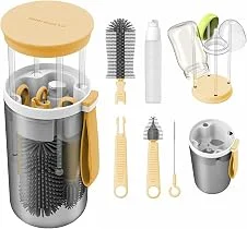 GODREAM Kit Escova de Mamadeira Portatil 6 em 1, Kit Limpador de Mamadeira, com Escova de Silicone para Lavar e Limpeza Mamadeiras, Ideal para Casa, Viagem e Camping (Amarelo)