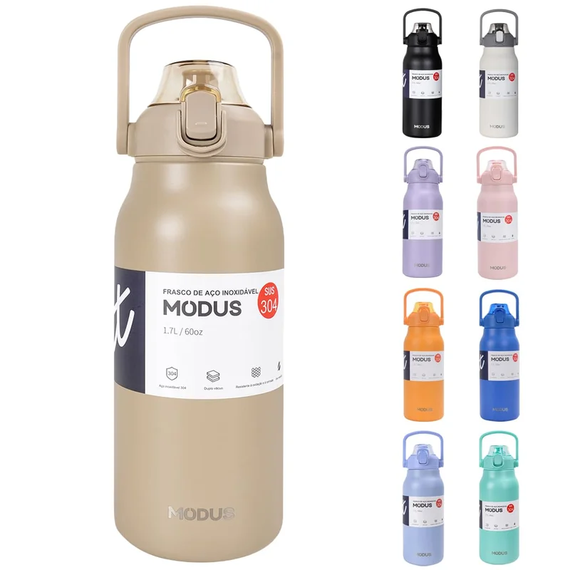 Garrafa Térmica De Viagem Inox 1700ml Água Com Canudo (Marrom)