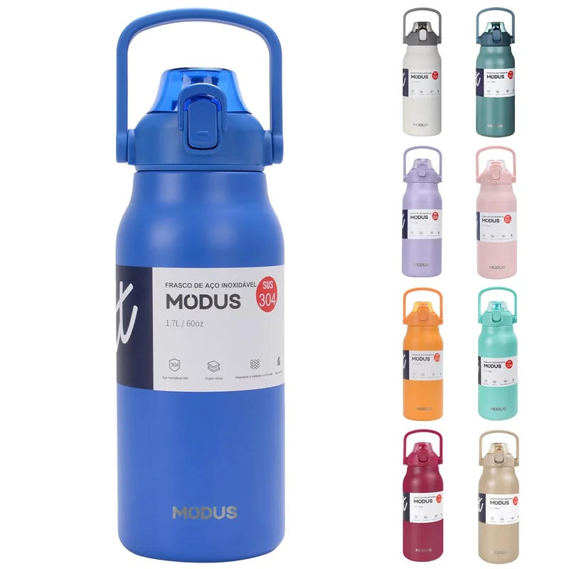 Garrafa Térmica De Viagem Inox 1700ml Água Com Canudo (Azul)