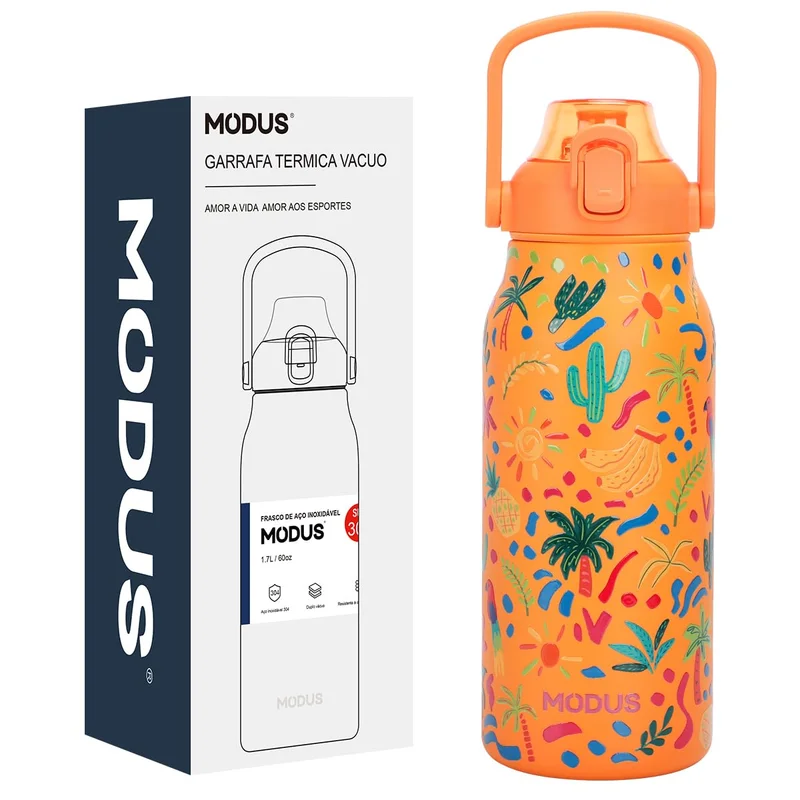 Garrafa Térmica de Aço Inox Dupla Parede 1,7 Litro Isolamento a Vácuo – Design com Estampa 3D em Relevo (Laranja Duo Tropical)