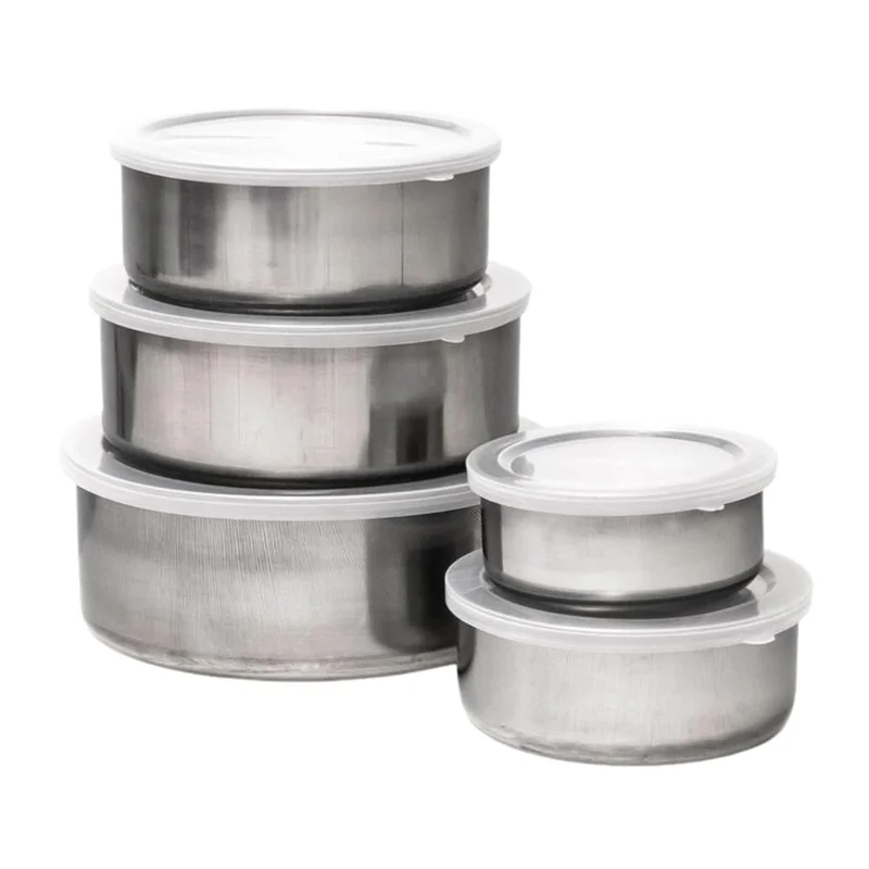 Conjunto de Potes Tigelas Bowl Inoxidáveis 5 Peças (200 a 1300 ml) com Tampa Plástica — Bowls de Inox para Cozinha Saladeira Armazenar Alimentos Potes Duráveis para Preparar Cozinhar e Servir