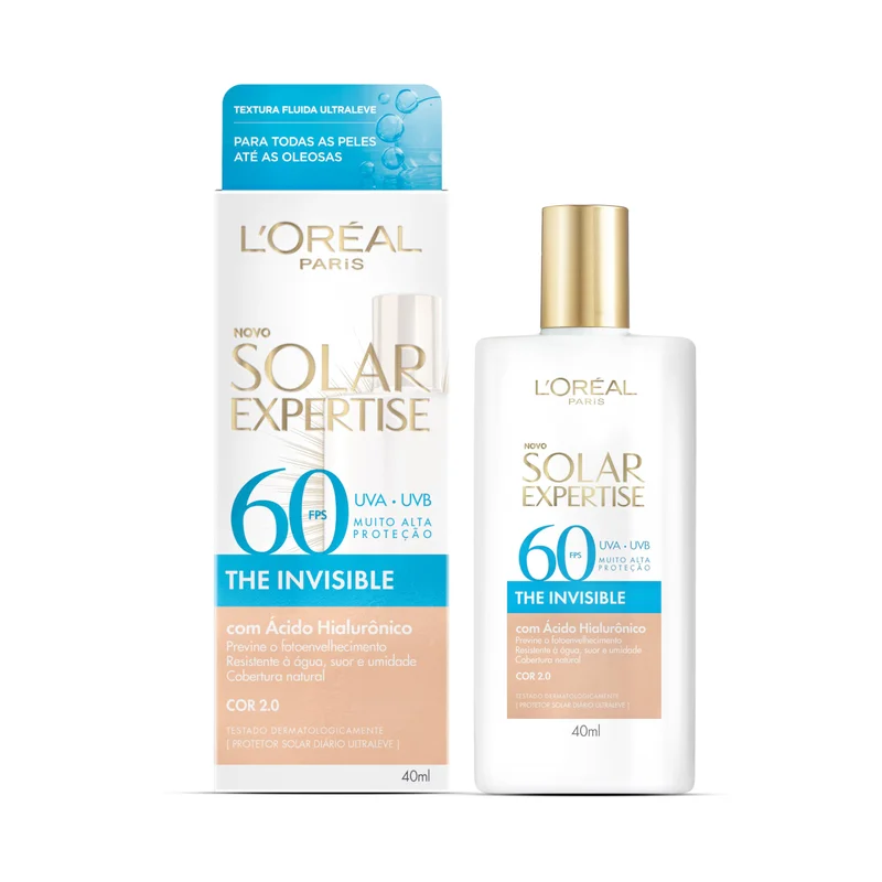L'Oréal Paris Solar Expertise, Protetor Solar Facial The Invisible Fluido FPS60 com Ácido Hialurônico e Tecnologia NETLOCK, Alta Proteção Solar com Ação Anti Idade, Cor 2.0 40g