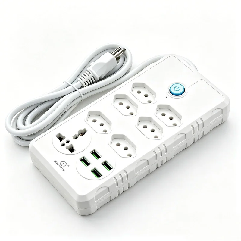 Filtro de Linha Tomada Múltipla, Branco, 10A Max, 110V-220V Bivolt, Cabo de 2 Metros, Design Ultra Fino 10,5mm, 6 Tomadas Brasil, Plugue de 3 Pinos, 4 Portas USB, Proteção Contra Sobrecarga