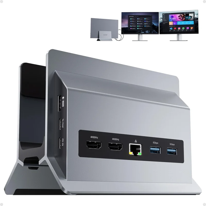 PULWTOP Estação de ancoragem USB C 11 em 1, monitor duplo, base vertical para laptop com 2 x HDMI 4K 60Hz, 3 x USB A/C 10Gbps, 2 x USB A 5Gbps, Ethernet, estação de ancoragem PD3.0 para laptops tipo C