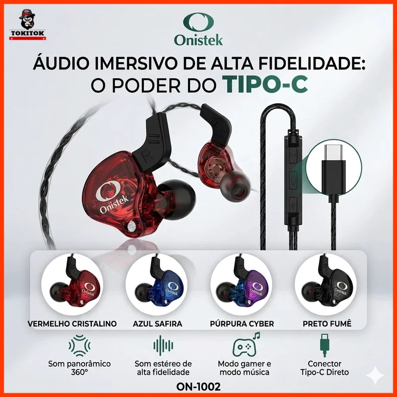 Fone de Ouvido Gamer Tipo-C Estéreo com Microfone Grave HD Controle ON-1002
