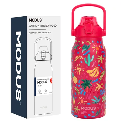 Garrafa Térmica de Aço Inox Dupla Parede 1,7 Litro Isolamento a Vácuo – Design com Estampa 3D em Relevo (Rosa-Choque Duo Tropical)