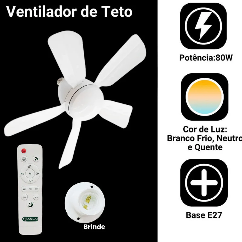 Ventilador de Teto 80w Bivolt 5 helices Oval LED Com bulbo 3 Cores E27 Controle Função Timing
