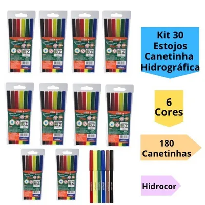 Kit 30 Estojos Canetinha Caneta Hidrográfica 6 Cores Hidrocor Infantil 180 Canetinhas Escolar Leo&Leo