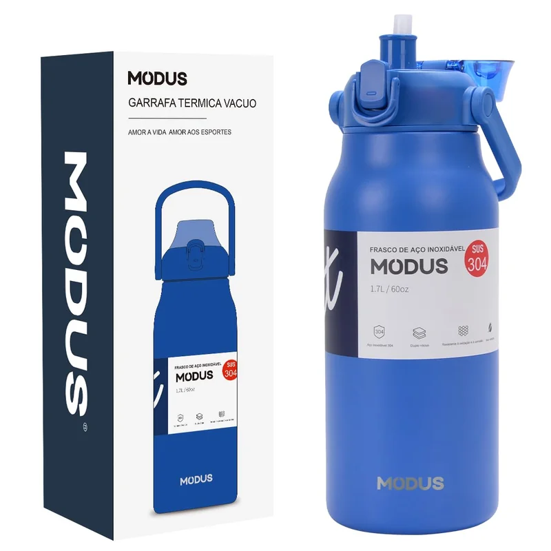 MODUS Garrafa Térmica 1,7L Inox Antivazamento Mantém Água Gelada por 24 horas (Azul Royal)