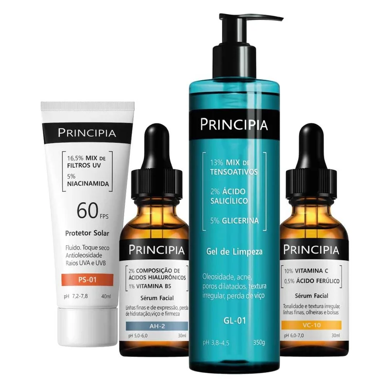 Principia Kit Essencial com quatro fórmulas: um gel de limpeza com mix de tensoativos + salicílico + glicerina, um sérum de vitamina C + ferúlico, um sérum de composição de ácidos hialurônicos + vit.B5 e um protetor solar fluido antioleosidade com mix de