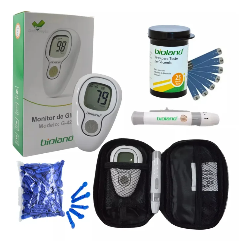 Kit Glicosímetro Aparelho Medidor De Glicemia Glicose Completo c/ 25 Tiras 25 Lancetas Bolsa Bateria Caneta