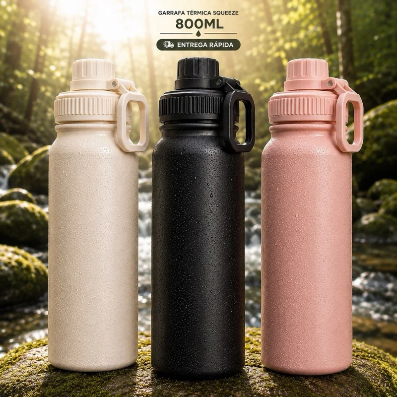 Garrafa Térmica 800ml Isolada A Vácuo Squeeze Aço Inox 304 C/ Alça e Coador Água Gelada