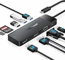 Lemorele Dock Station USB-C 10 em 1 com Suporte para 3 Monitores (2x HDMI 4K + VGA), 3 Portas USB 3.0, PD 100W, Áudio, Leitor SD/TF - Compatível com macOS & Windows
