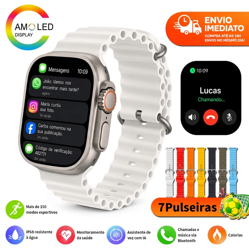 2026 Smartwatch 6 Em 1 Tela AMOLED 2.02" HD GPS NFC Monitor Saúde 120 Modos Esportivos 45mm/49mm Para Android IOS