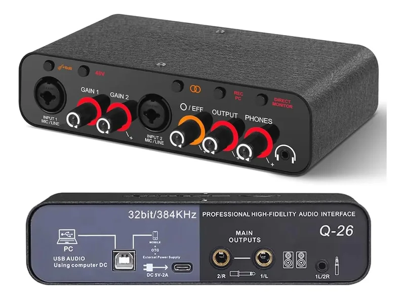 Q-26 Interface de audio,placa de som profissional de canal USB 2.0 DC 5V de alta velocidade, função de monitor para estúdio/gravação musical/jogos/Equipamentos para Gravação Musical