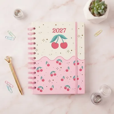 Agenda 2027 Capa Dura C/ Marca Páginas Espiral Agenda Cereja Estampada Glitter Grande Média 336 Pág