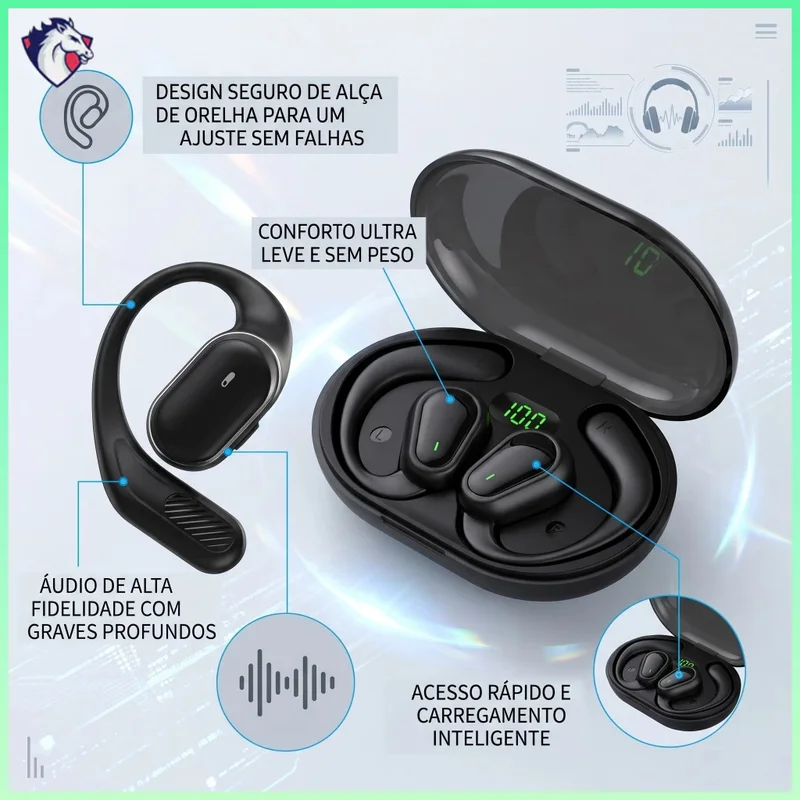 Fone de Ouvido Sem Fio Bluetooth com Condução Óssea/Compacto e Leve/Resistente a Água/Tipo-C