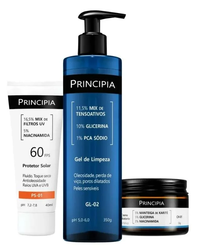PRINCIPIA, Kit Gel de Limpeza com mix de tensoativos + PCA sódio + glicerina, um Creme Hidratante com glicerina + manteiga de karité + niacinamida e um protetor solar fluido antioleosidade com mix de filtros UV + niacinamida, FPS 60, toque seco e com efic