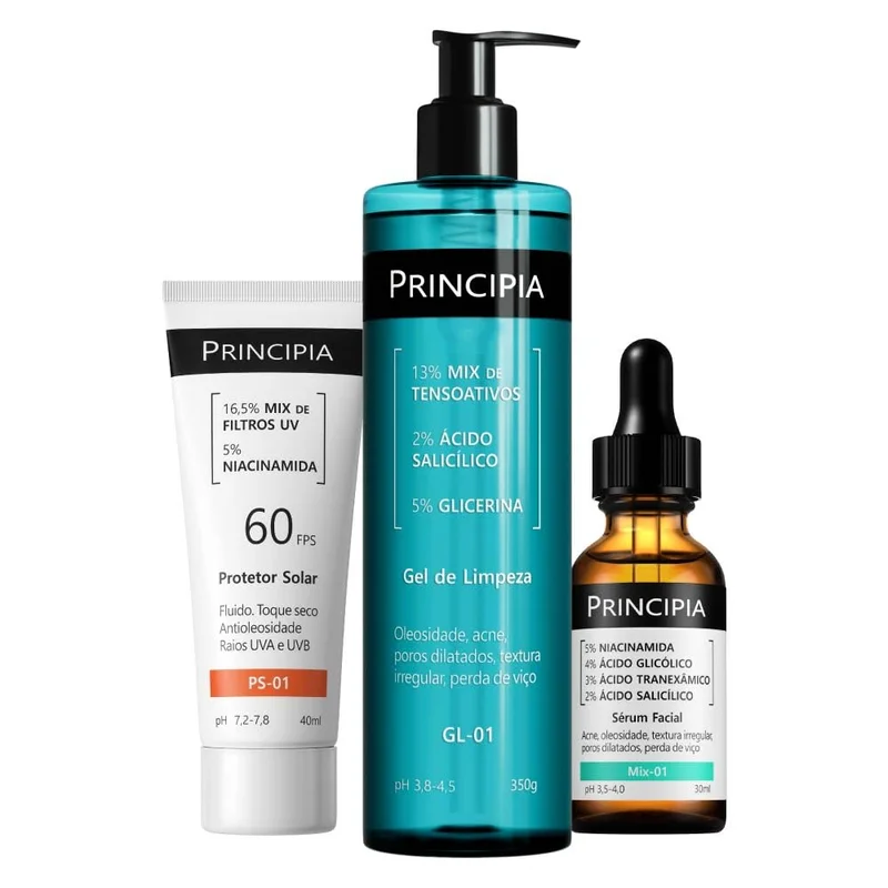 Principia Kit Anti-Acne Trio Gel de Limpeza GL-01 + Sérum Mix-01 + Protetor Solar Facial PS-01