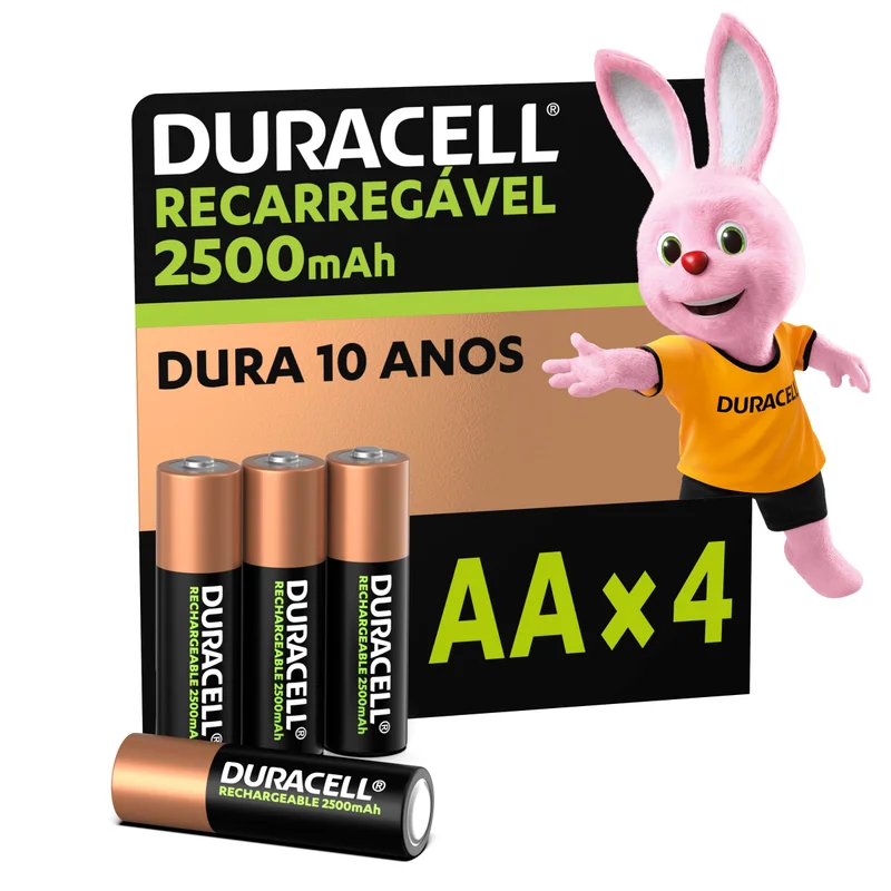 Duracell Pilha Recarregável AA 2500mAh Pequena Com 4 Unidades – Ideal para Controle Xbox™, Câmeras Digitais e Brinquedos de Alto Consumo