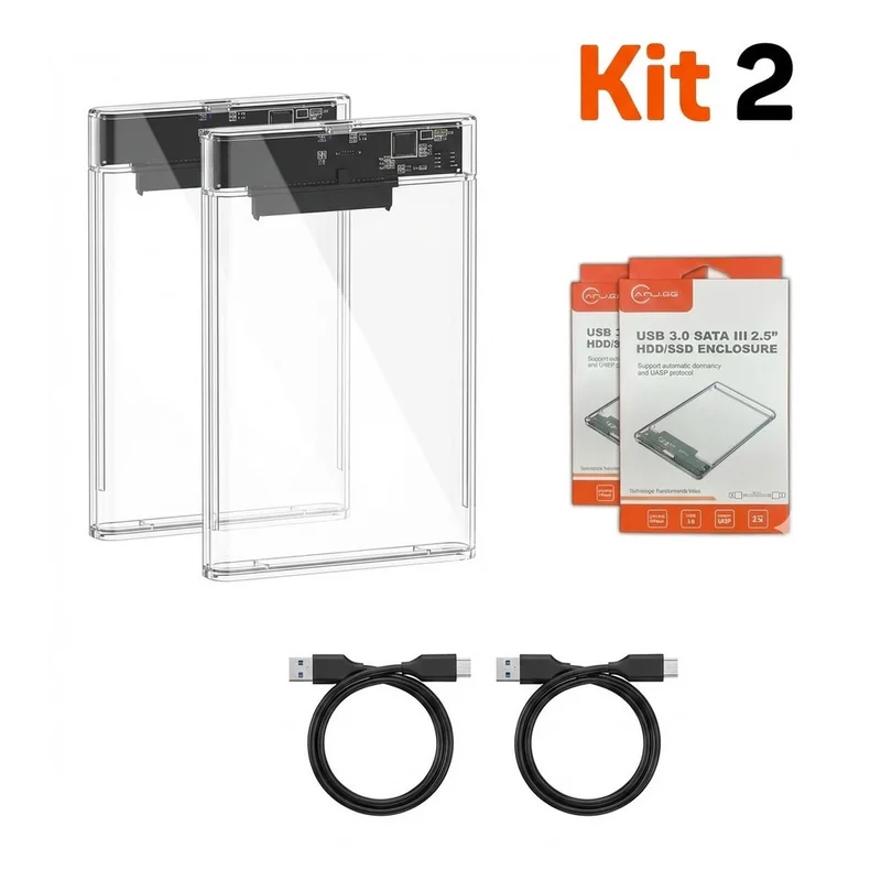 Case Gaveta HD SSD 2.5 Sata III USB 3.0 Transparente Externo 6Gbps PC Notebook PS4 Kit 2 jehnny