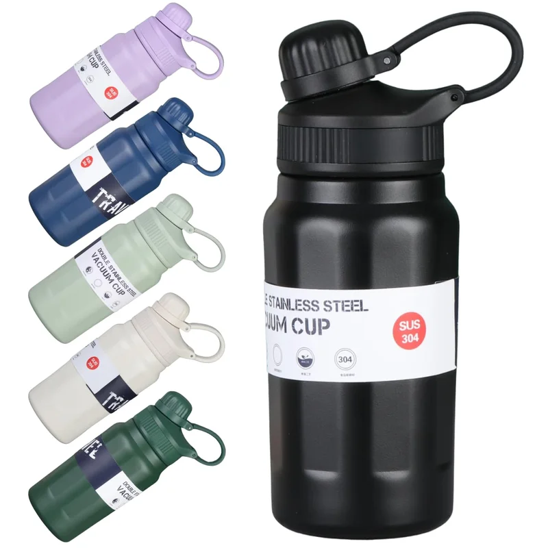 Garrafa Térmica Estilosa de 500ml com Interior em Aço Inox 304 e Fundo Emborrachado – Ideal para Academia e Escola - Com Canudo e Alça de Transporte Resistente (Preto-)