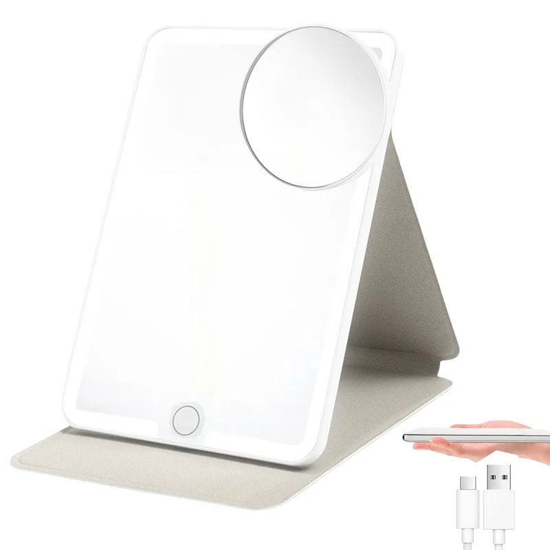 Espelho Maquiagem com LED Portátil e Aumento 10X, Espelho de Mesa Ultra Fino e Dobrável em Couro PU com Toque, 3 Cores de Luz e USB, para Viagem, Maquiagem e Escritório