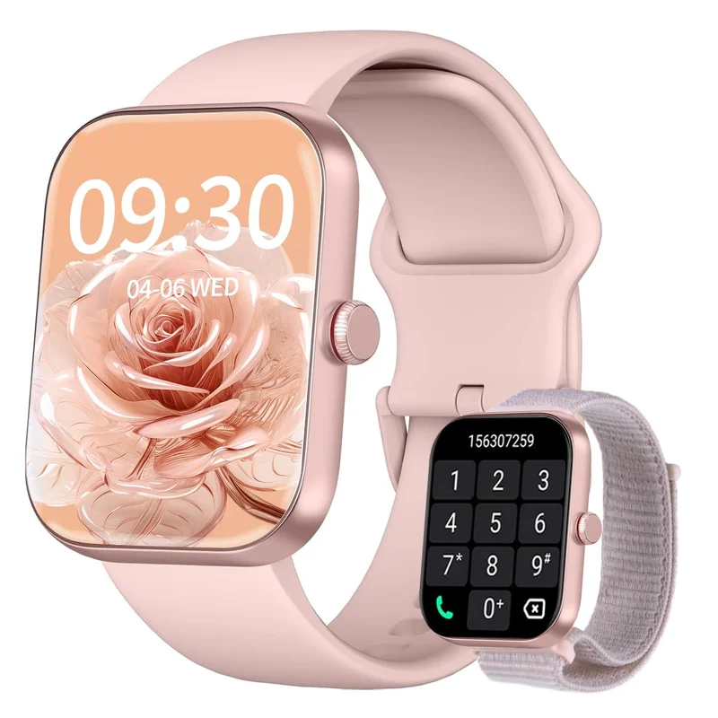 Smartwatch Feminino, Tela HD de 1,91" Relógio Fitness com Alexa, 100 Esportes, Frequência Cardíaca e Monitoramento do Sono, IP68 à rova d'água, Compatível com Android iOS, 2 Pulseiras (Rosa) | Relógio Fitness com Chamadas Bluetooth, 2 Pulseiras, Compatíve
