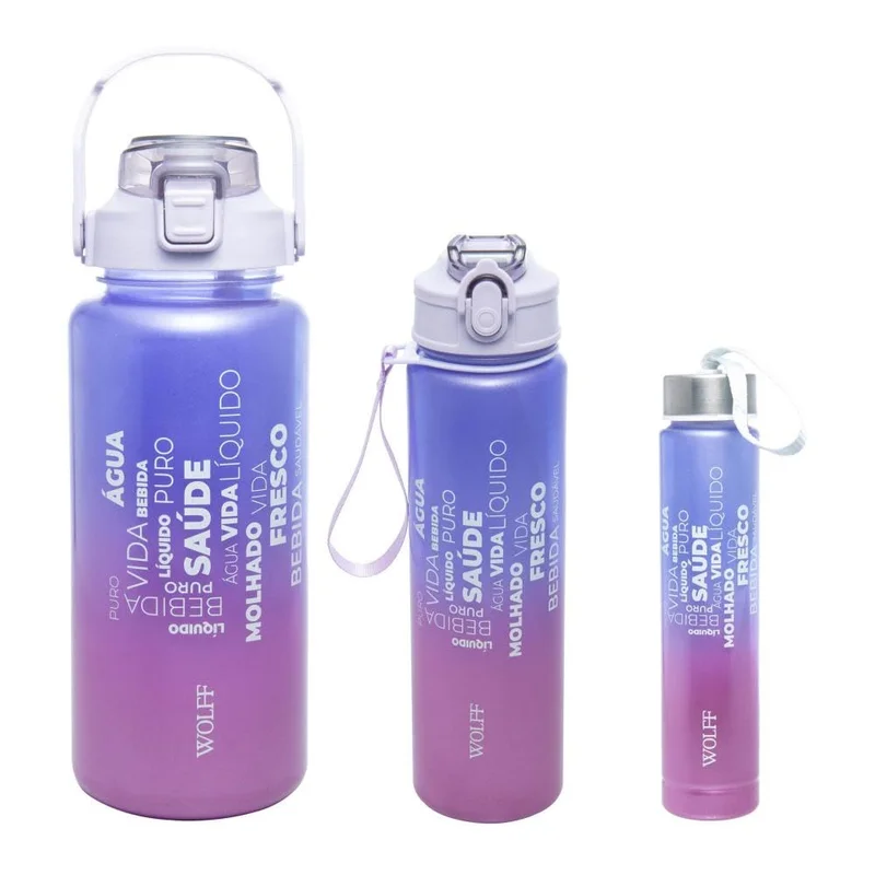 WOLFF - Conjunto 3 Garrafas Squeeze de Policarbonato Degradê Cintilante Roxo - 1 Garrafa 2L, 1 Garrafa 700ml e 1 Garrafa 300ml