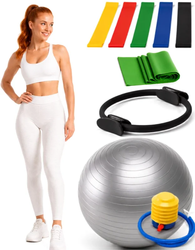 Kit Pilates Completo com Bola 55cm, Anel, Faixa Elástica, Mini Bands, Bomba de Ar, Equipamento para Exercícios em Casa - Yoga Ginástica e Fisioterapia, Anti-Estouro Suporta Até 200kg Látex Durável | Bomba de Ar Incluída, Anti-Estouro Suporta Até 200kg, Lá