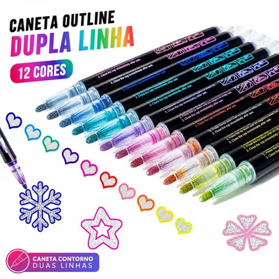 Kit Caneta Contorno Linha Dupla 12 Cores Brilhante Marcador de Destaque para Scrapbook Artesanato Escolar RM1547