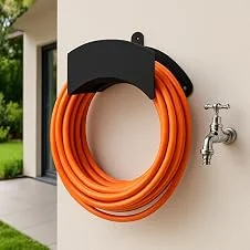 Suporte De Mangueira Em Aço Parede Jardim Quintal Clean Preto Organizador