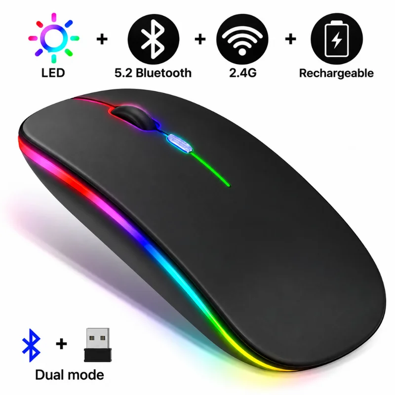Mouse sem fio dual band receptor nano 2,4ghz / Bluetooth RGB recarregável MS-S350L