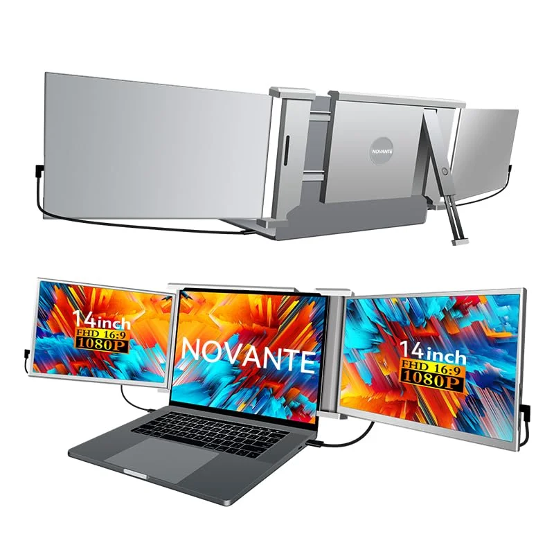 NOVANTE Monitor Duplo Portátil para Notebook 14" - Expansor de Telas Triplo com Design 360°, Tela IPS FHD 1080p 60Hz, Baixa Luz Azul, Compatível com Windows/Mac/Switch (Cabos Inclusos)