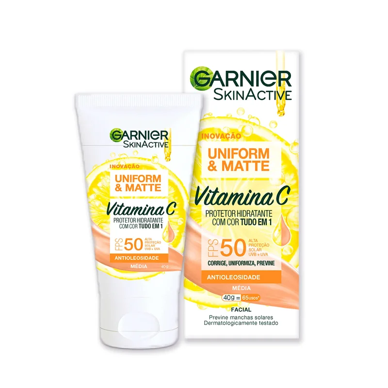 Garnier Uniform & Matte Protetor Solar Hidratante com Vitamina C, FPS 50, Efeito Matte Antioleosidade, Previne Manchas e Corrige o Tom da Pele, Tecnologia Camaleão, Cor Média, 40g