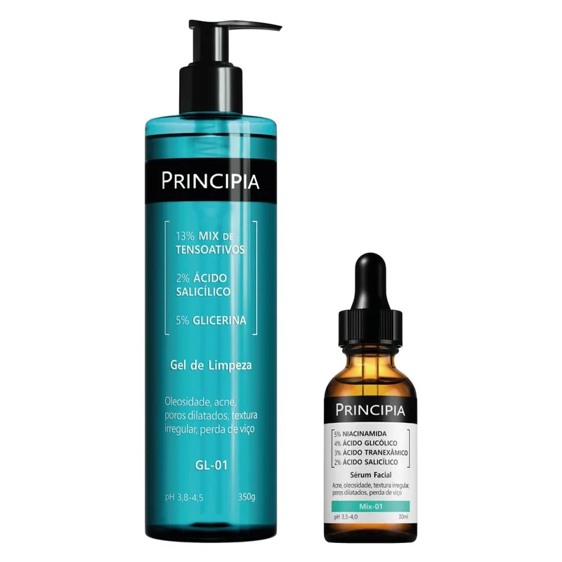 Principia Kit Anti-acne com um gel de limpeza com 2% de ácido salicílico e 5% de glicerina e um sérum com mix de quatro ativos com alta eficácia na melhora da acne e controle da oleosidade da pele.
